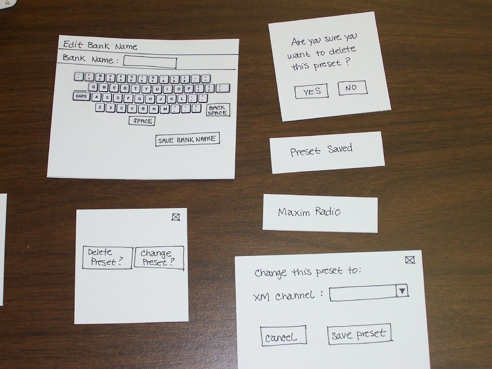 Paper prototype of qwerty keyboard and dialog boxes